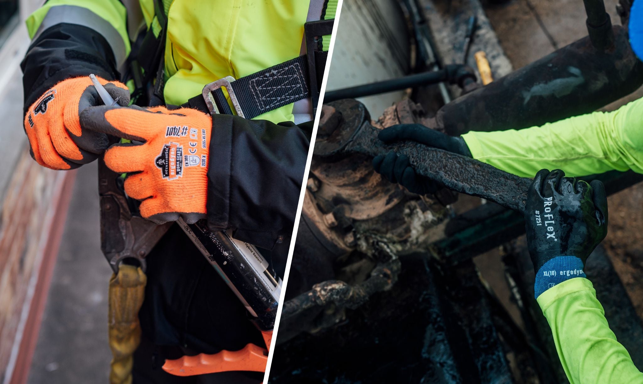 workers holding sharp and abrasive work tools while wearing work gloves