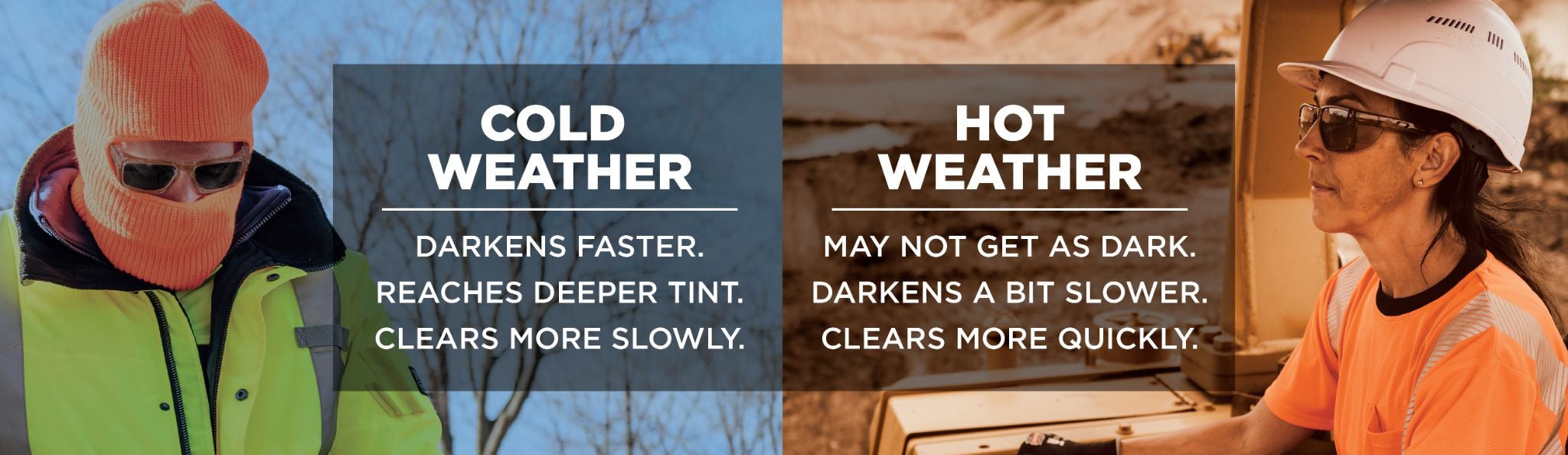 Darkens quicker and darker but clears slower in cold weather. Lightens quicker but takes longer to darken and does not darken as deeply in hot weather