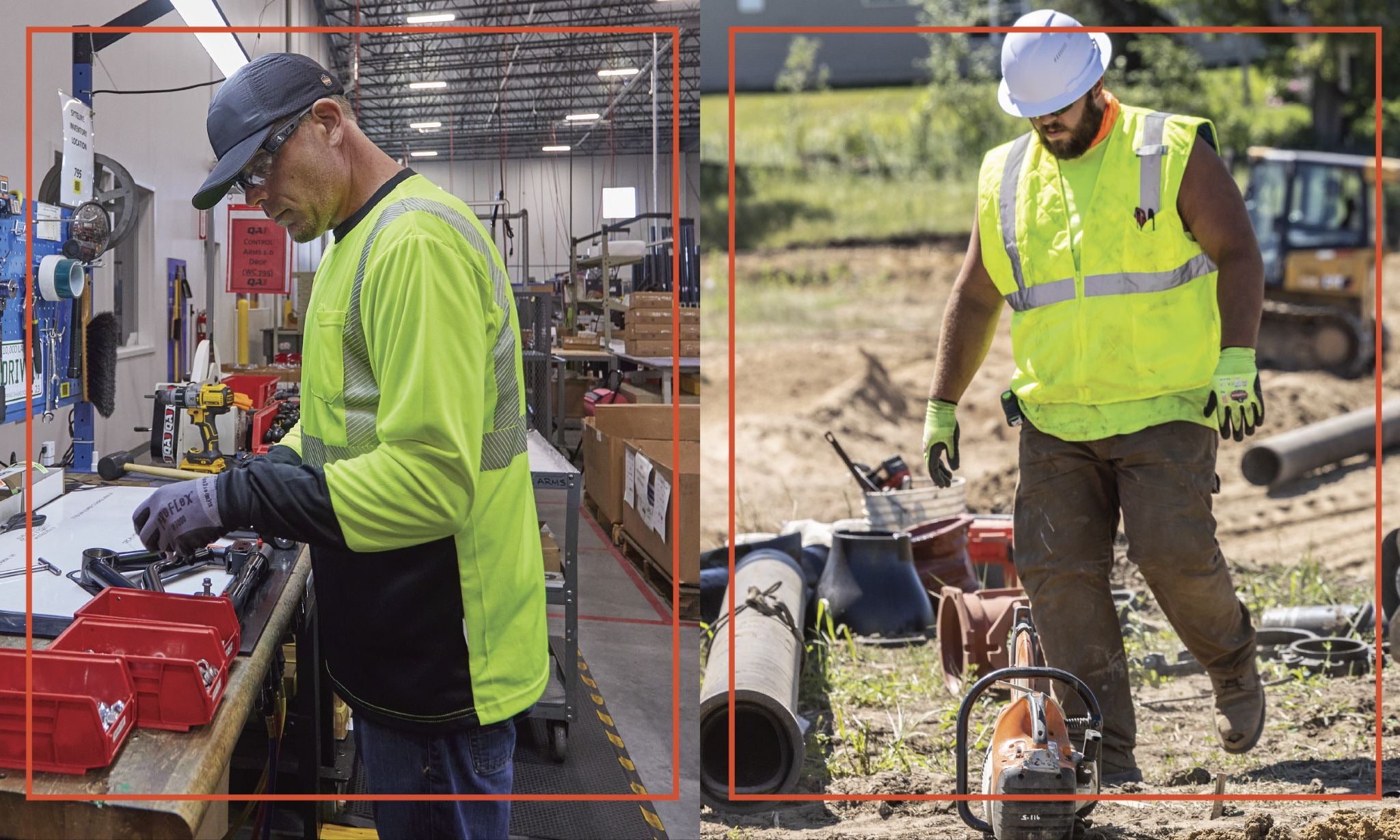 Worker on left is working indoors, worker on right is working outdoors in the heat