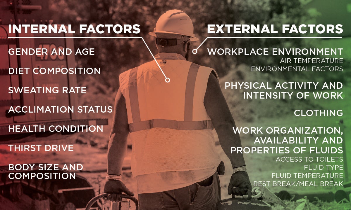 Internal factors of hydration are gender, age, diet, rate of sweat, acclimation statuus, health condition, thirst drive and body size. External factors of hydration are workplace environment, intensity of work, work organization, availability and properties of fluids.