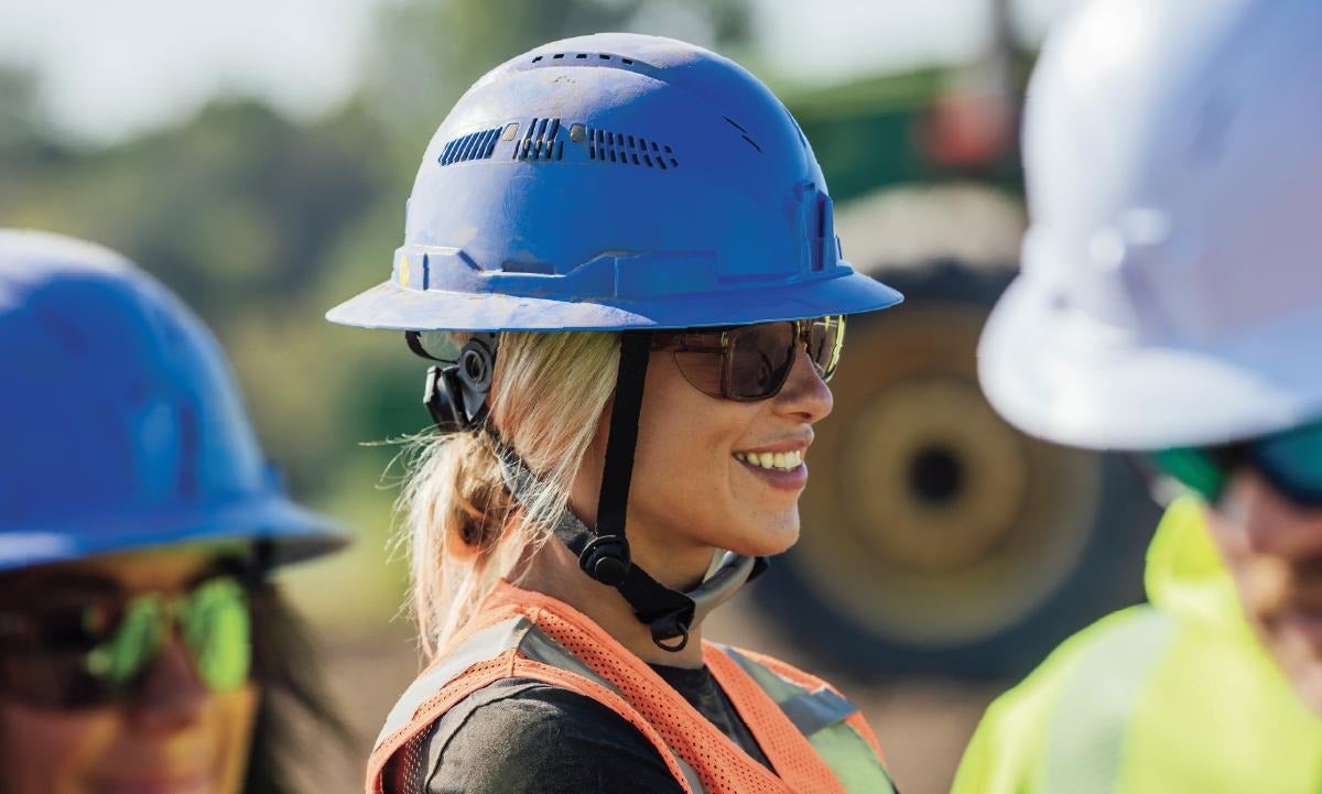Worker wearing a blue safety helmet