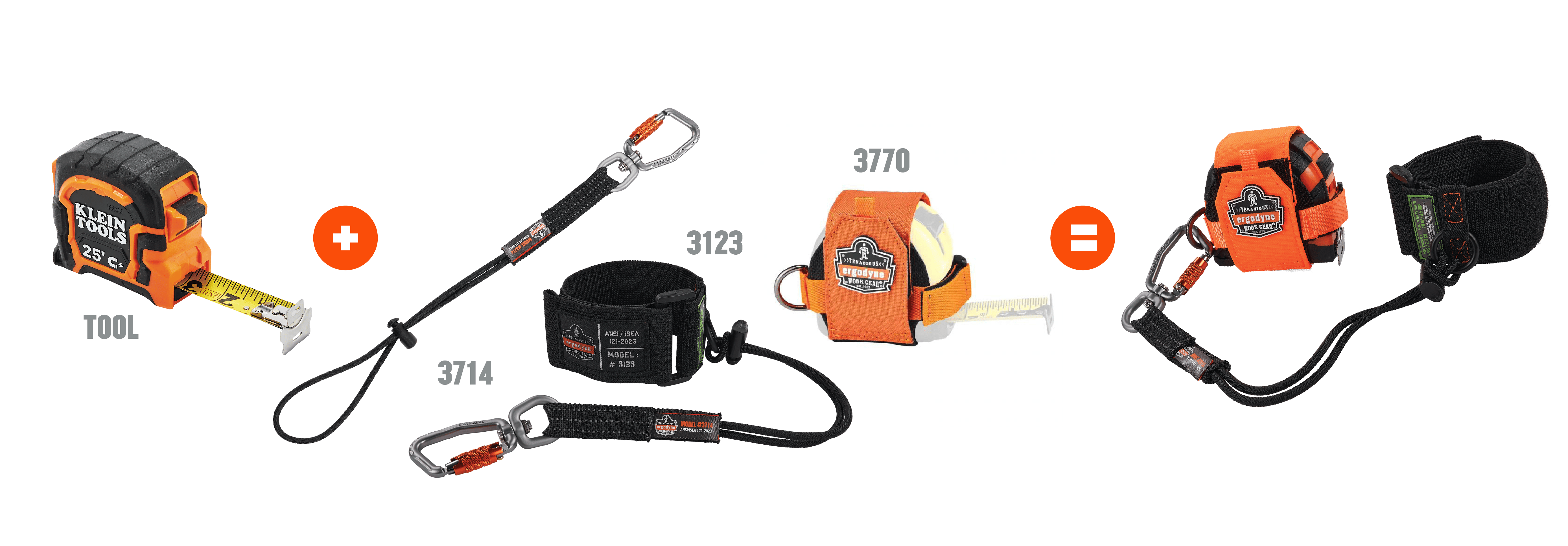 tool tethering equation. tool plus carabiner tether plus wrist lanyard and tool holder equals a safe tethered tool