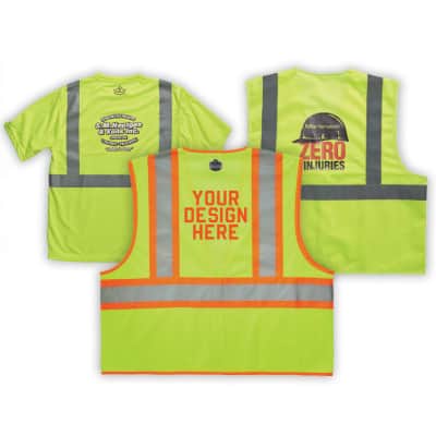 Three hi-vis Glowear vests with custom logo mock-ups printed on their backs