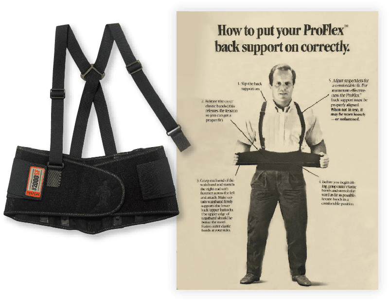 Back support next to old newspaper clipping of man putting on back support. The only legible headline on newspaper reads, 'How to put your ProFlex back support on correctly'