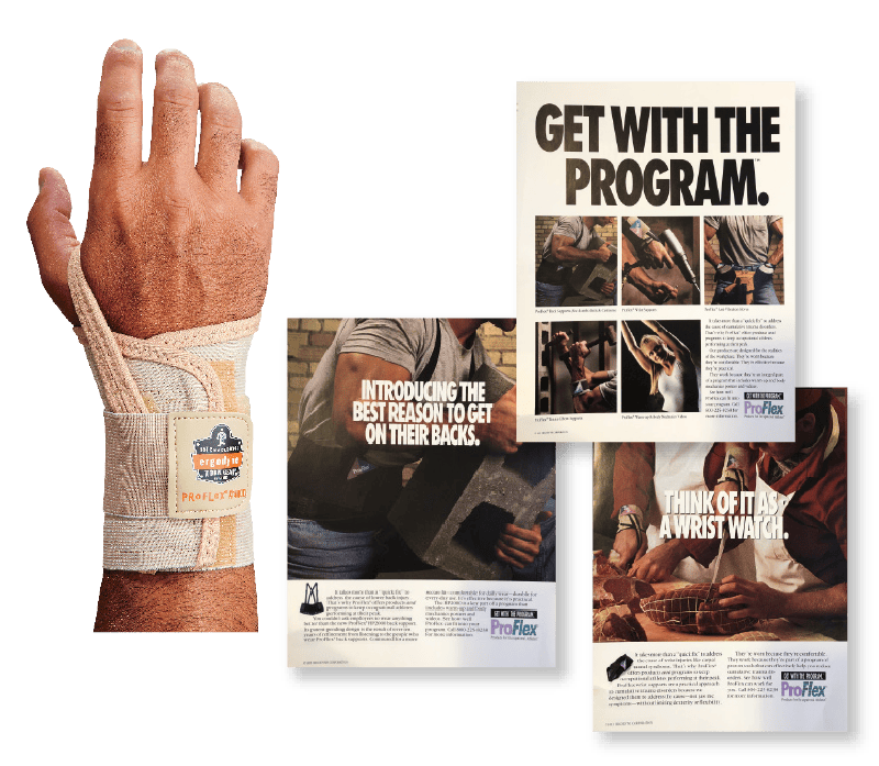 Wrist support and old magazine clipppings with headlines that read, 'Get with the program', 'Introducing the best reason to get on their backs' and 'Think of it as a wrist watch'