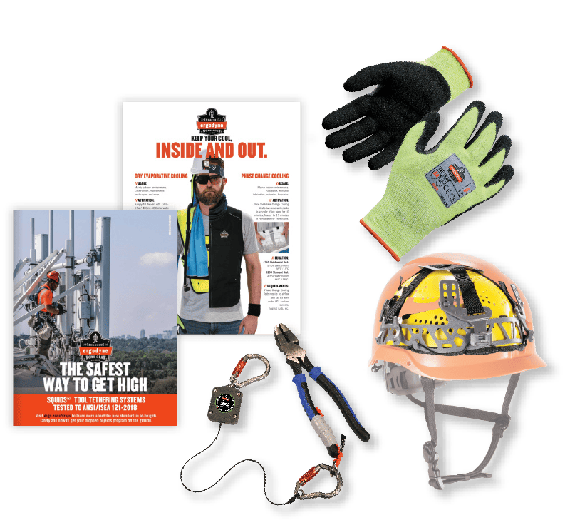 Proflex Gloves, Skullerz Safety Helmet & Squids 3003 lanyard tethering a tool, laying next to two Ergodyne flyer pages. One flyer shows a climber and says, 'The safest way to get high.' and the second shows options for cooling PPE and says 'Keep cool inside and out'