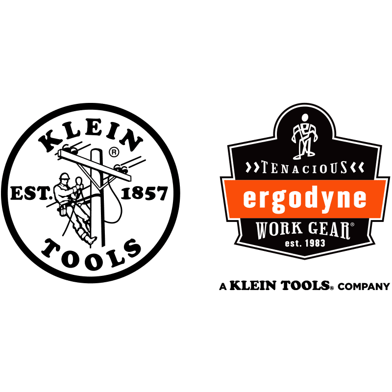 Ergodyne badge logo, 'Ergodyne: Tenacious Workgear established 1983' alongside Klein Tools logo, 'Established 1857'