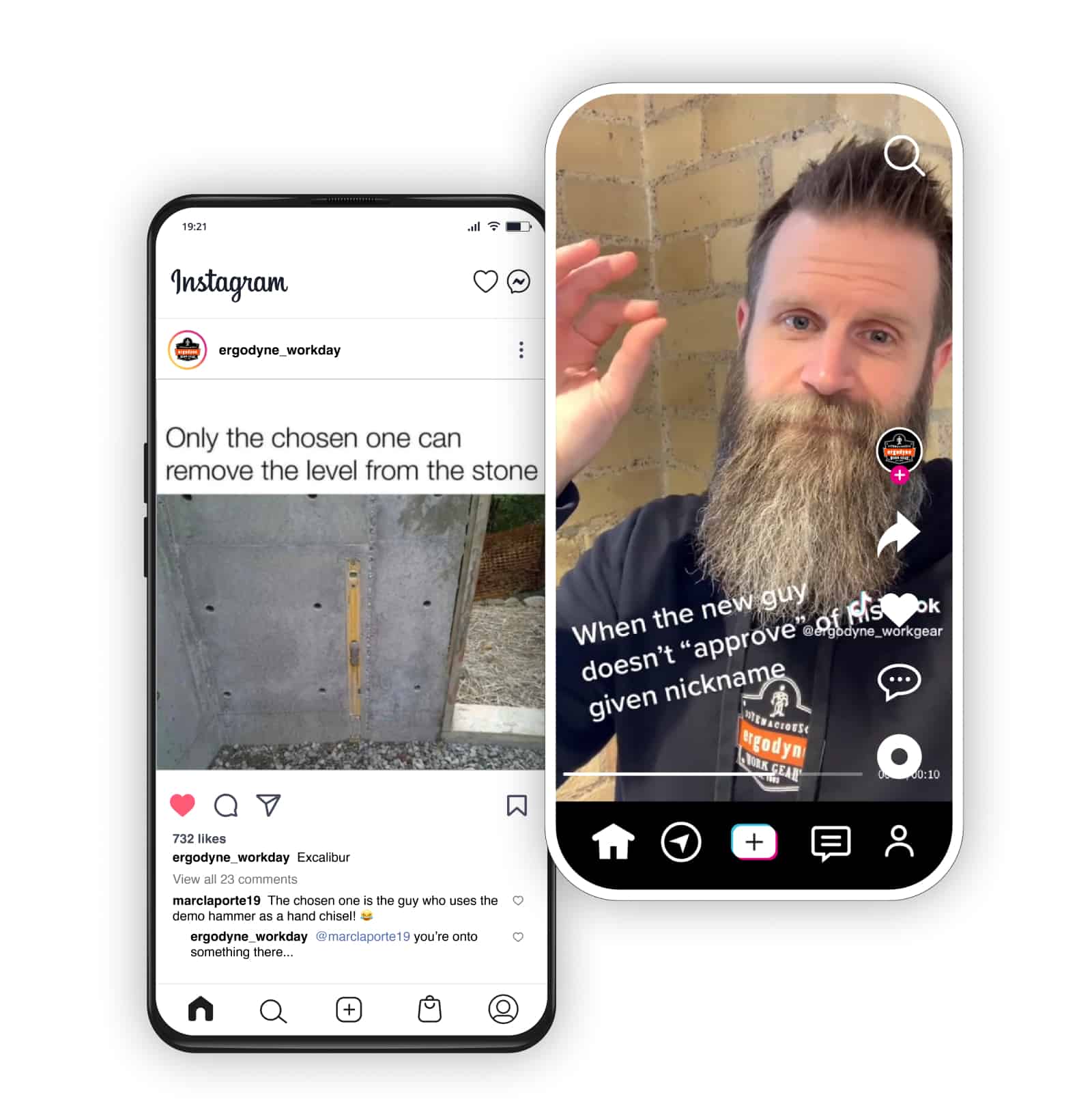 Two phones showing screenshots of Ergodyne's Instagram and TikTok accounts