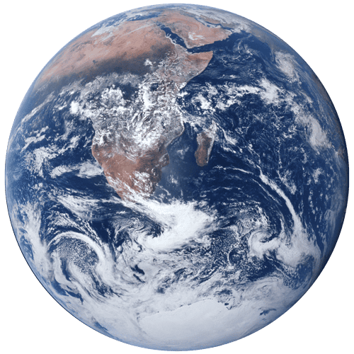 Earth photographed from space, showing Africa, Antarctica and swirling white clouds against the darkness of space.
