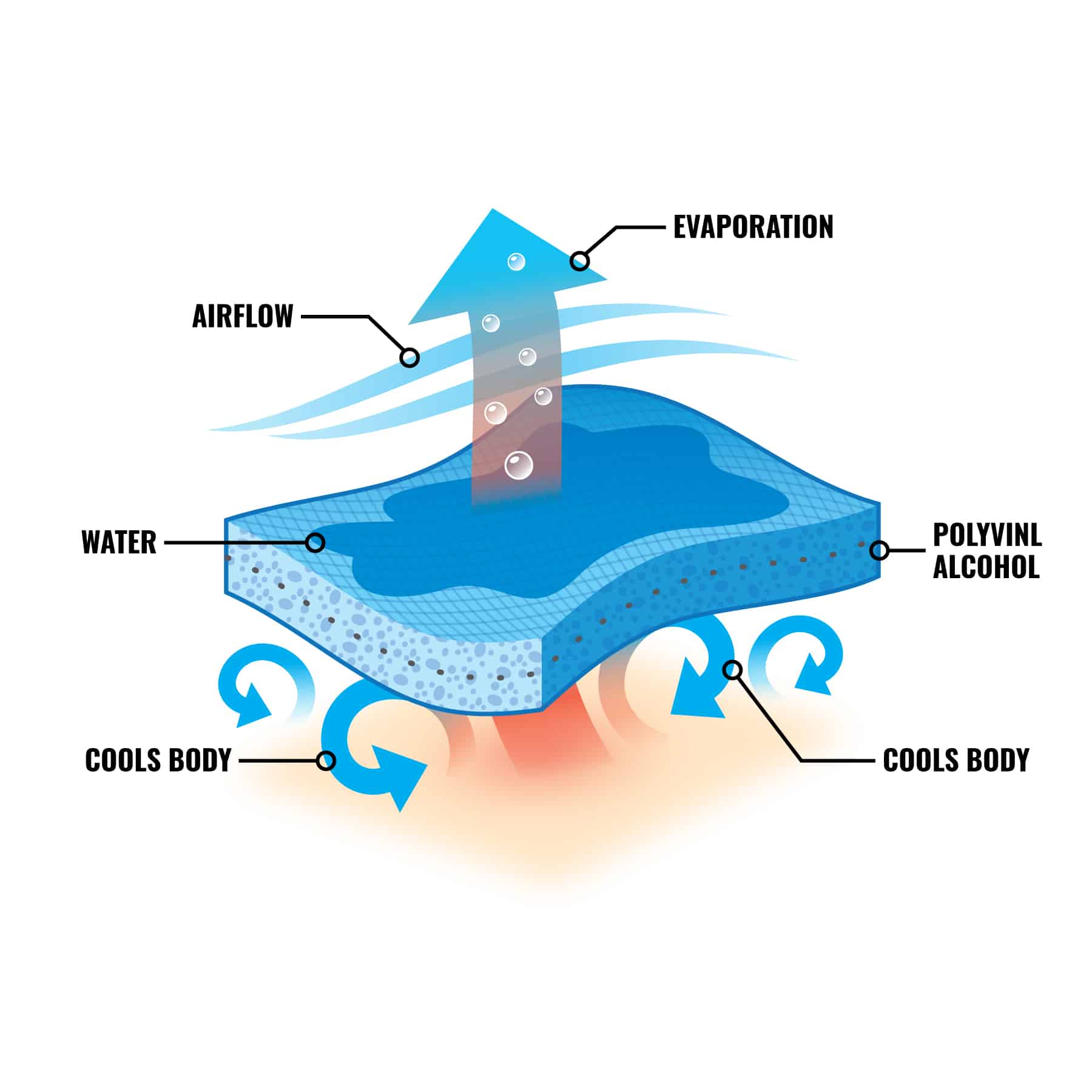 Airflow and water plus evaporation create cooling affect on body via polyvinyl alcohol material