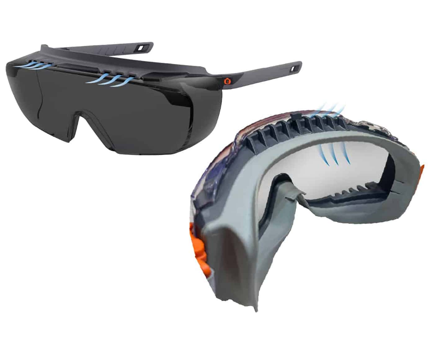 Skullerz Osmin Safety Glasses and Skullerz MODI Safety Goggles with venting allow airflow