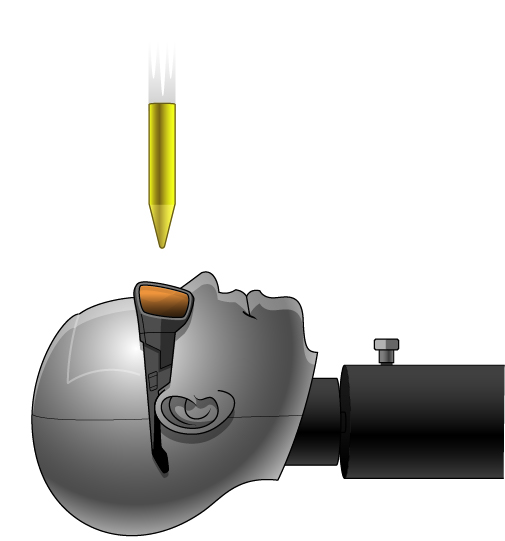 Dummy head wearing Skullerz Safety Glasses with a blunt metal object moving downwards towards its eyes