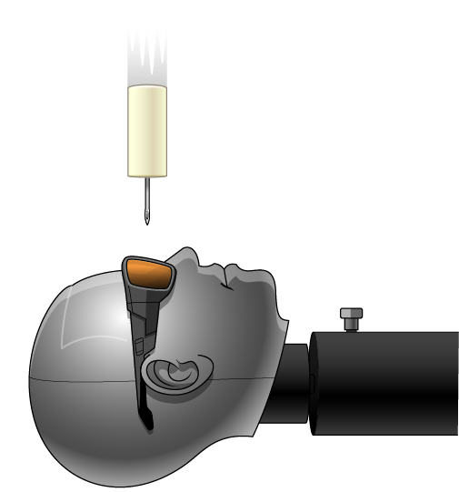 Dummy head wearing Skullerz Safety Glasses with a sharp metal object moving downwards towards its eyes