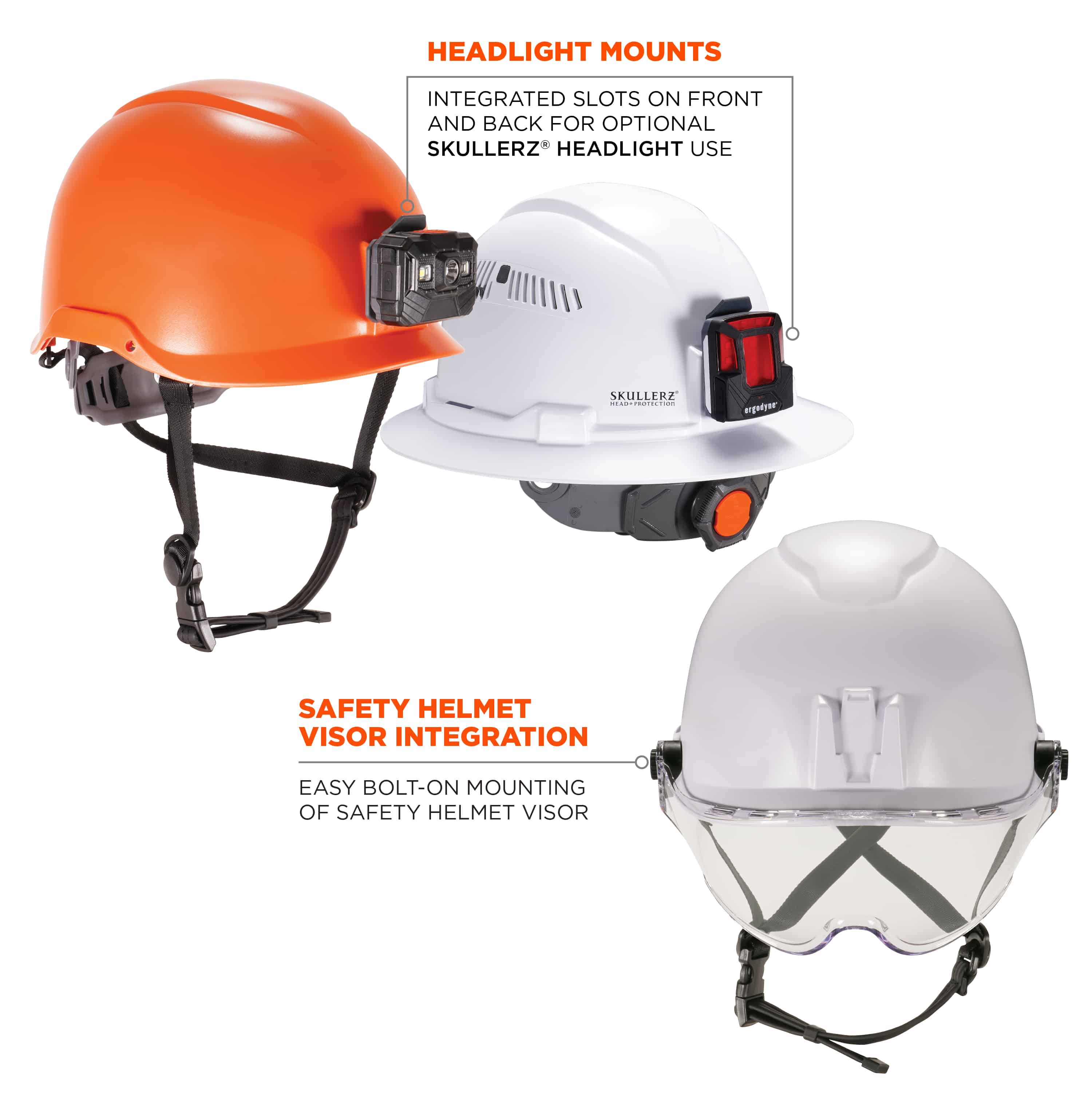 Headlight mounts: integrated slots on front and back of safety helmets and hard hats for optional Skullerz Headlight use. Safety helmet integration: easy-bolt on mounting of safety helmet visors