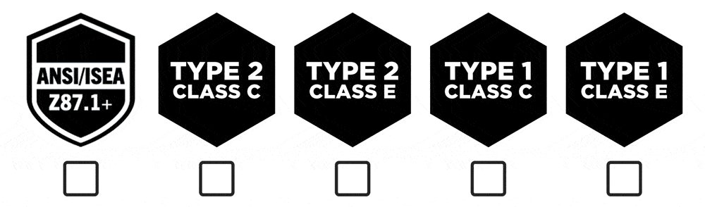 Animated image of 5 icons with checkboxes being checked off one by one. Icon 1: ANSI compliant. Icon 2: Type 2 Class C. Icon 3: Type 2 Class E. Icon 4: Type 1 Class C. Icon 5: Type 1 Class E