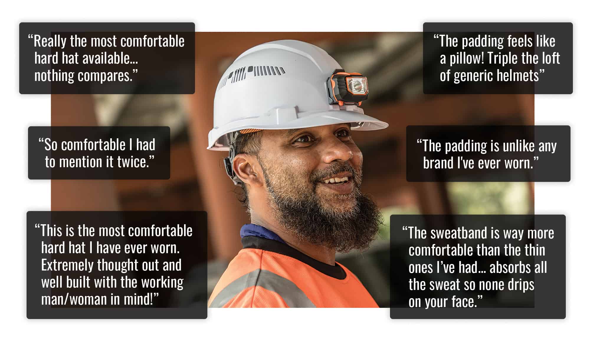 Work in hard hat surrounded by quotes. Quote 1: Really the most comfortable hard hat avilable...nothing compares. Quote 2: So comfortable I had to mention it twice. Quote 3: This ist he most comfortable hard hat I have ever worn. Extremely thought out and well built with the working man/woman in mind! Quote 4: The padding feels like a pillow! Triple the loft of generic helmets. Quote 5: The padding is unlike any brand I've ever worn. Quote 6: The sweatband is way more comfortable than the thin ones I've had...absorbs all the sweat so none drips on your face.