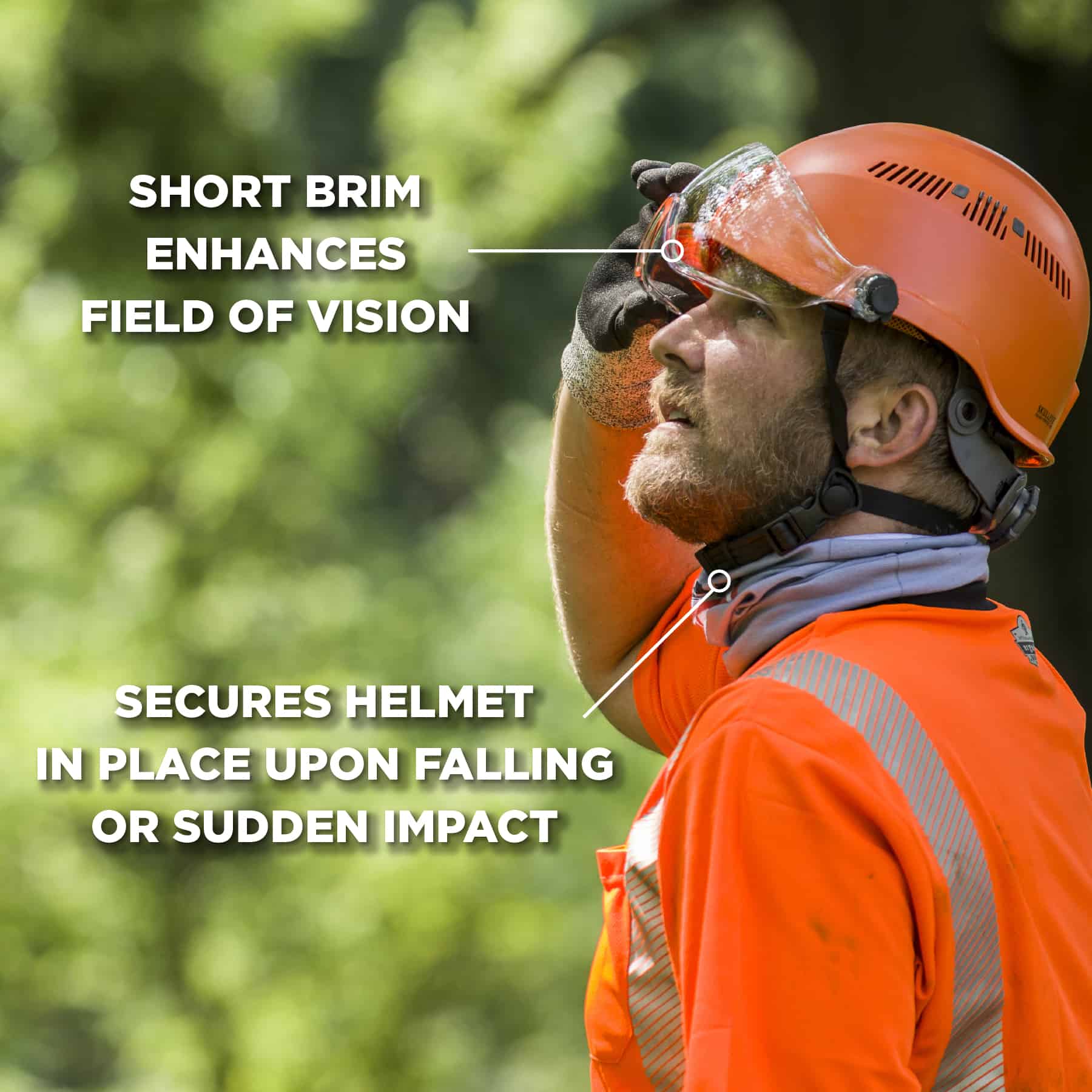 Person lifting visor off of helmet. Short brim enhances field of vision. Secures helmet in place upon falling or sudden impact.