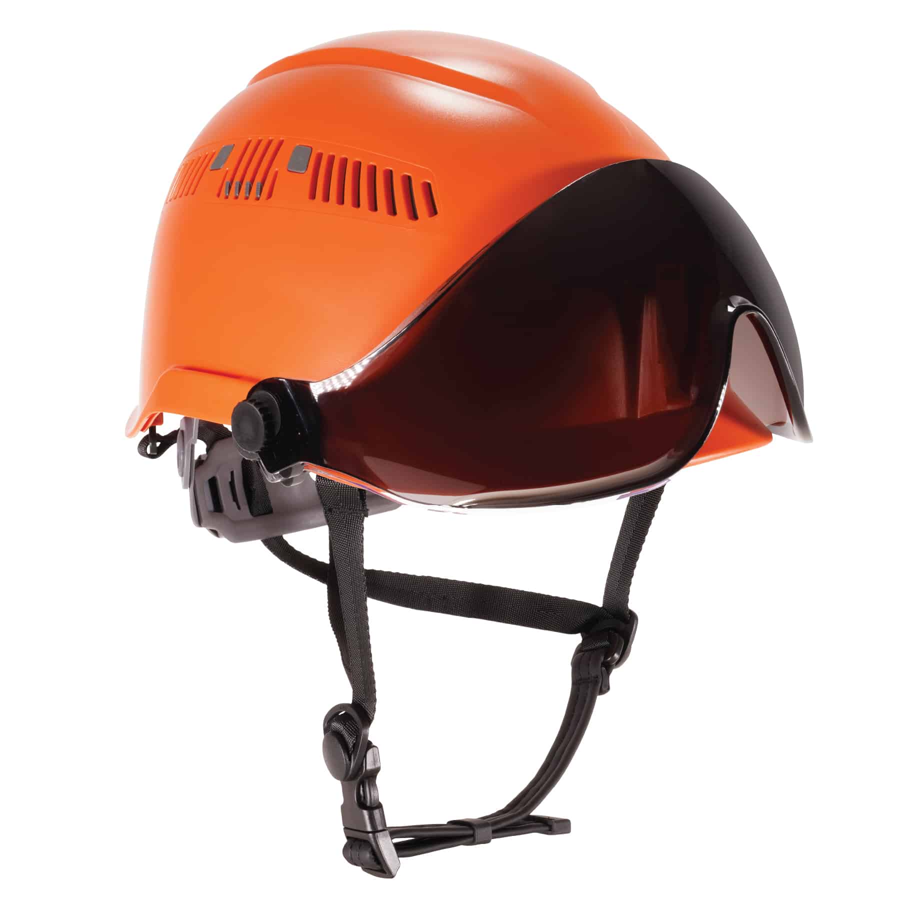 Orange safety helmet with dark visor attached to front