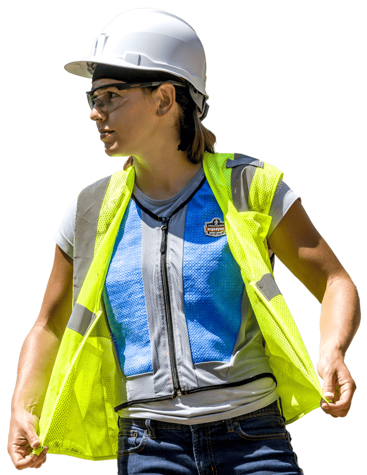 Femme presenting person wearing a Chill-It's 6667 Cooling Vest under their safety vest