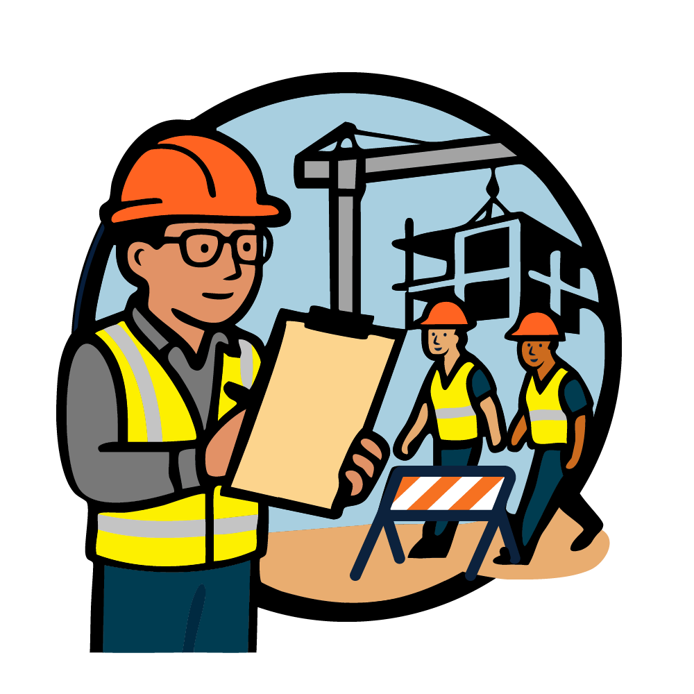 Safety Manager reviewing a worksite with a clipboard