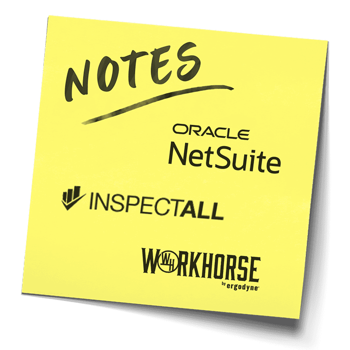 Sticky note with InspectAll, Netusite and Workhorse logos