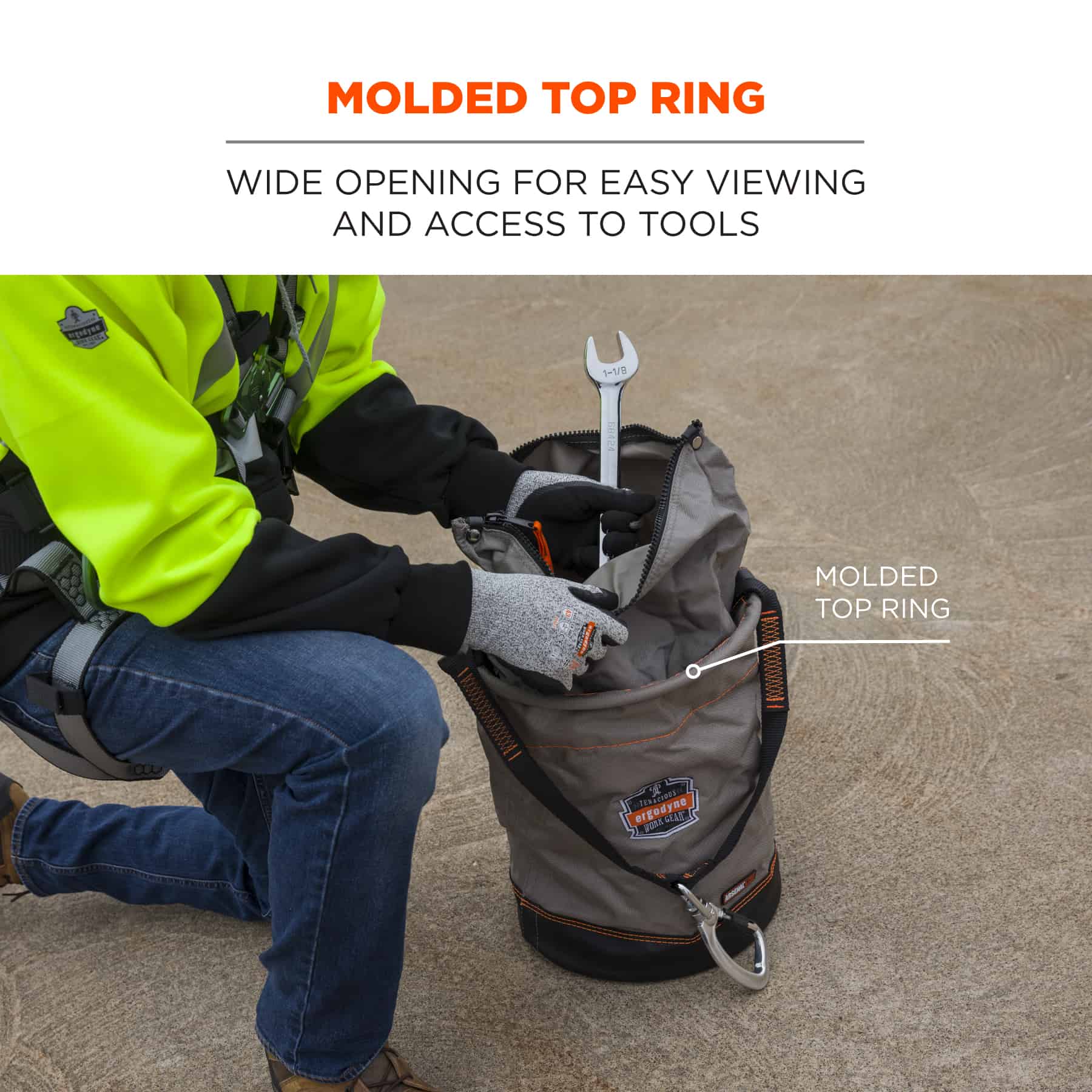 bucket organizer tool bag 10 in zipper pockets handle strap construction  jobsite