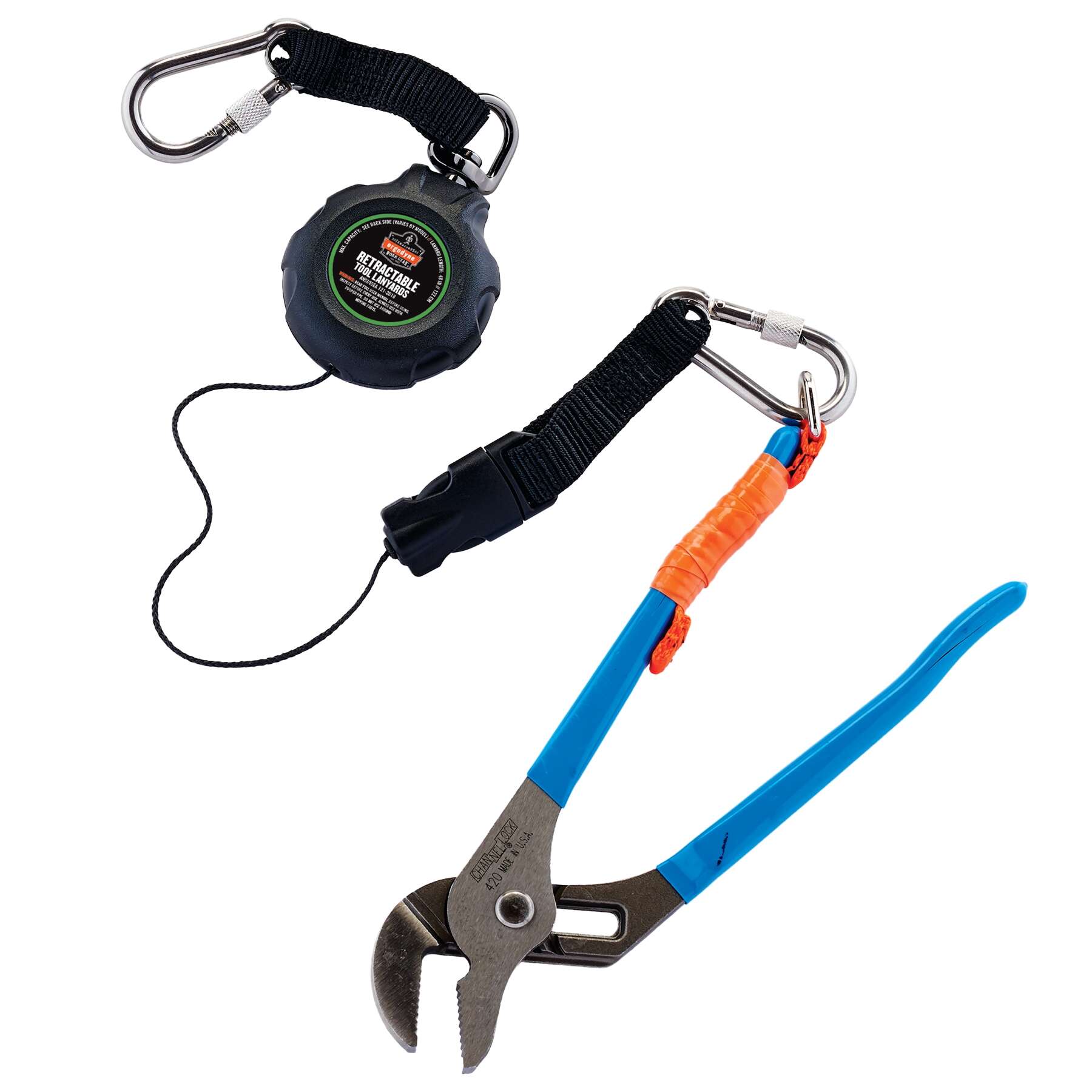 Retractable Tool Lanyard Dual Carabiner, Stainless Steel