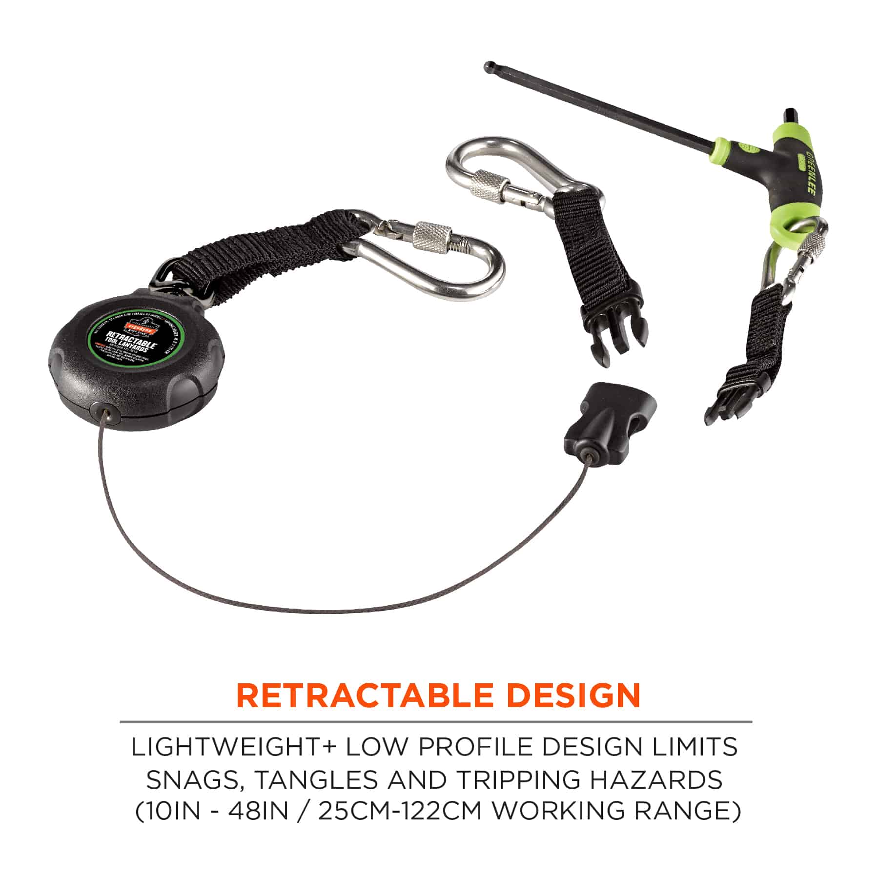 Ergodyne Squids 3011 Retractable Lanyard with Carabiner Mount, Black