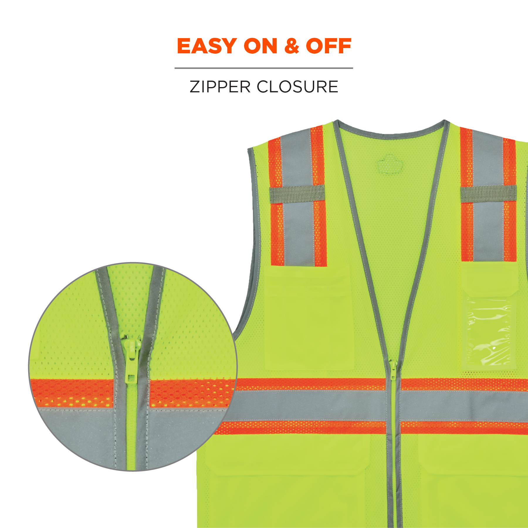 Reflective w/Orange Binding Neon Green ANSI/ISEA Class 2 3C Products SV2300 Zipper Safety Tricot/Mesh Vest Pockets 