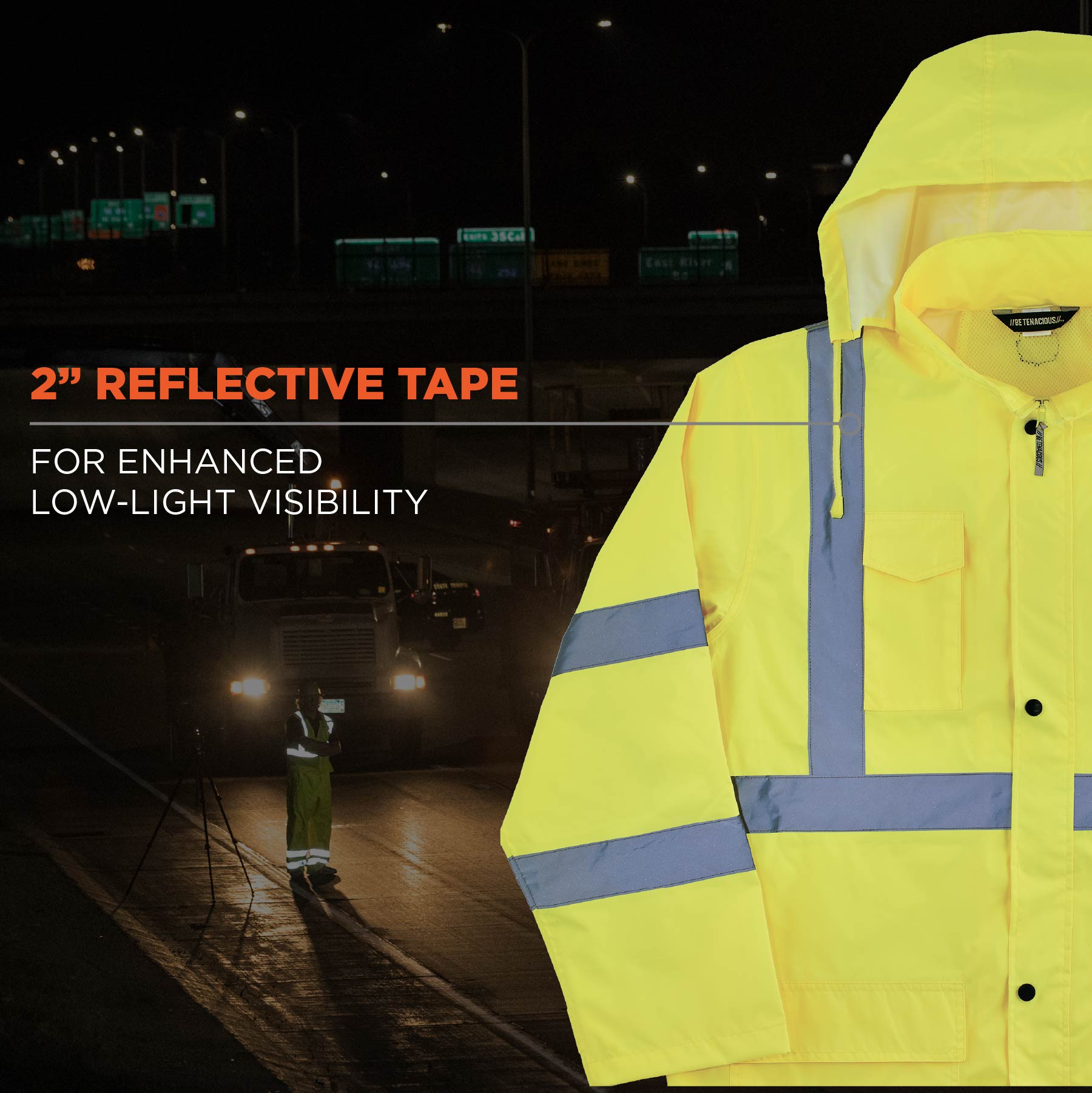 Ironwear 9511 Hi-Visibility Reflective Rain Jacket with Tuck away Hood Badge and Radio Clip Small