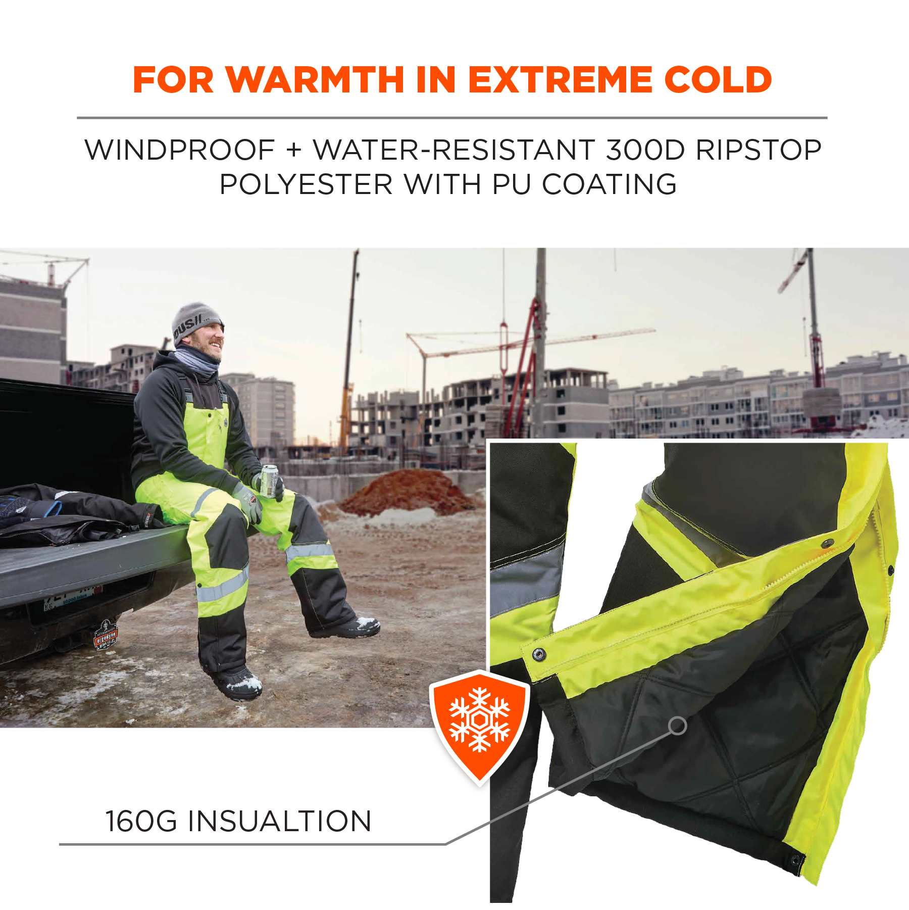Reinforced Nylon Rip-Stop 3M Scotchlite Waterproof Size: Large Quilted Insulation Yellow/Black Majestic 75-2357 ANSI Class E Hi-Viz Bib Overalls Zippers at Ankle 