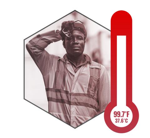 Worker wiping sweat from brow. Thermometr reads 99.7 degrees F (37.6 degrees C)
