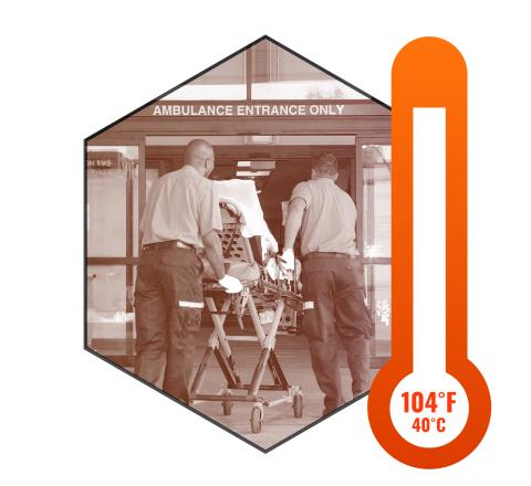 Two paramedics bringing man into the hospital. Thermometer reads 104 degrees F (40 degrees C)