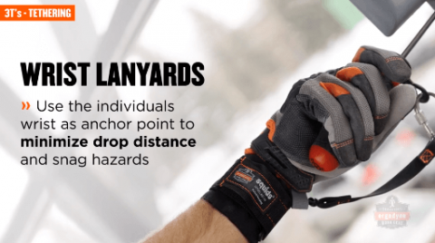 Tethering- Wrist Lanyards. Use the individuals wrist as anchor point to minimize drop distance and snag hazards