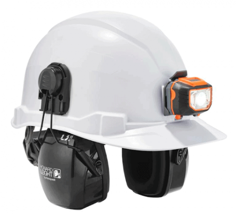 White hard hat with earmuffs and LEDs