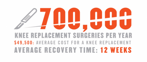 700,000 knee replacement surgeries per year, 49,500 avg cost of a knee replacement. Average recovery time of 12 weeks.