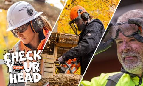 Workers wearing Ergodynes hard hat, earmuffs, face shields and goggles on the job 