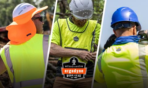 Workers wearing hard hats, safety vests and cooling gear