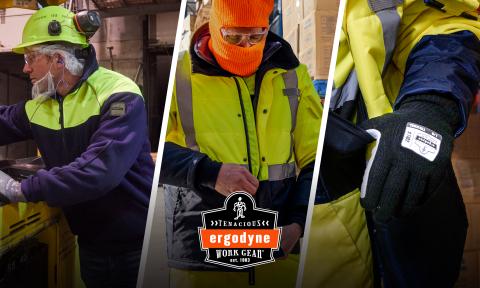 Workers wearing freezer jackets, rib knit balaclavas, and other cold storage workwear