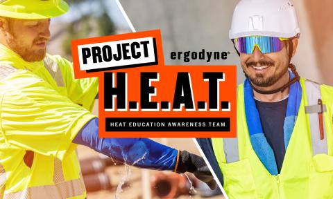 Workers wearing cooling gear in the background with Project H.E.A.T. Heat Education Awareness Team logo in center