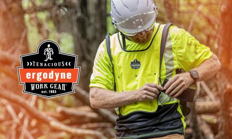 Worker wearing a cooling vest next to the Ergodyne badge logo