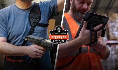Double product view of a worker wearing a scanner harness and a worker on the right using a tablet holder
