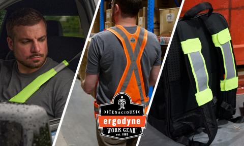 Worker wearing a limehi-vis seatbelt cover, an orange x-back safety vest, and a backpack with lime colored reflective strap covers