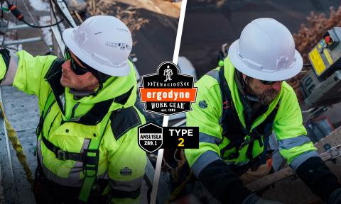 Two workers wearing class E and class C full brim safety helmets