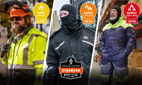 Workers wearing temp rated cold weather gear in order of warm, warmer and warmest with their CLO values listed beneath.