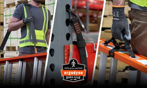 Tripe product view of worker carrying a ladder by shoulder strap,  warehouse racking beam strap, and a worker holding a ladder by the carrying strap