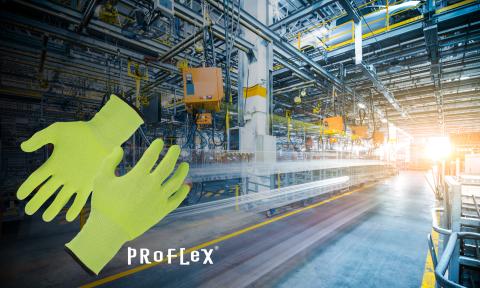 ProFlex gloves over manufacturing facility image