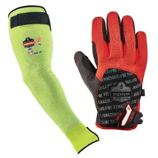 lime cut-resistant sleeve and black and red cut-resistant glove