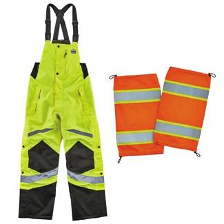 lime bibs and orange gaiters