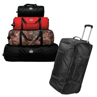 A stack of four different sized Arsenal duffel bags, and a rolling Arsenal duffel bag with wheels